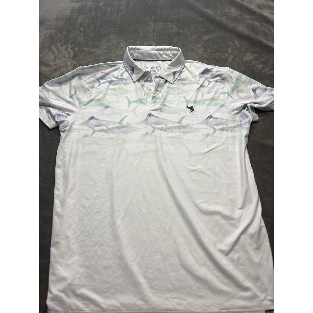 Salt Life UVAPOR Men's Polo Shirt SLX L White Blue Fish Print‎ Short Sleeve